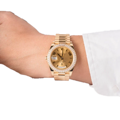 Day-Date 40 228348RBR Yellow Gold Diamond Bezel Champagne Roman Dial
