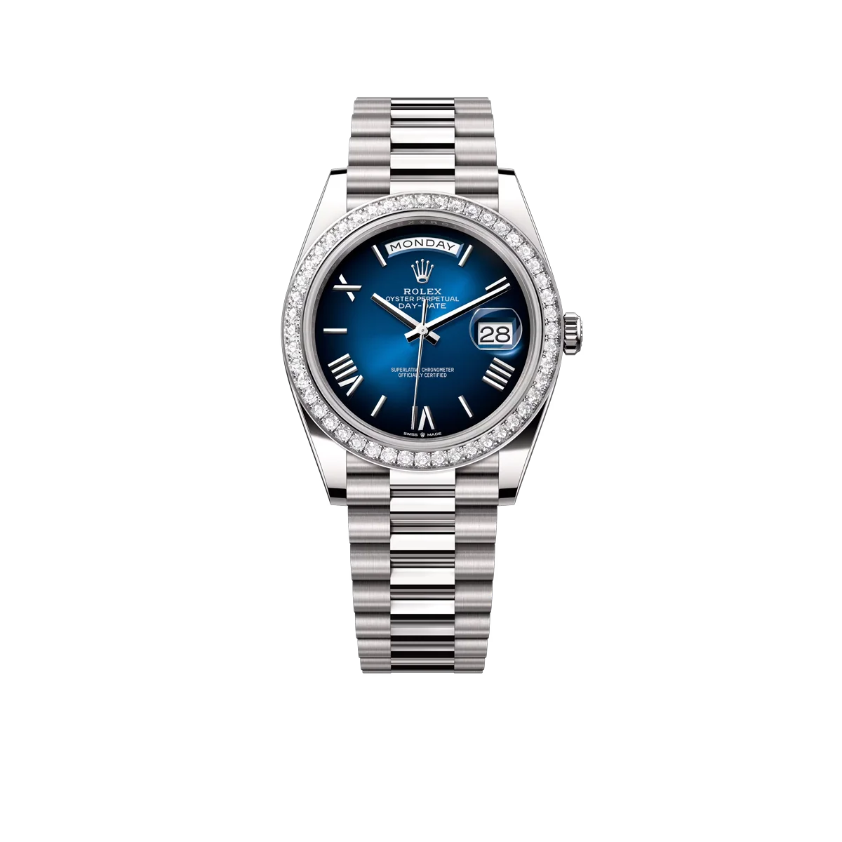 Day-date Oyster Perpetual 40mm White Gold Blue Ombré Dial, Diamond-set bezel M228349RBR-0045