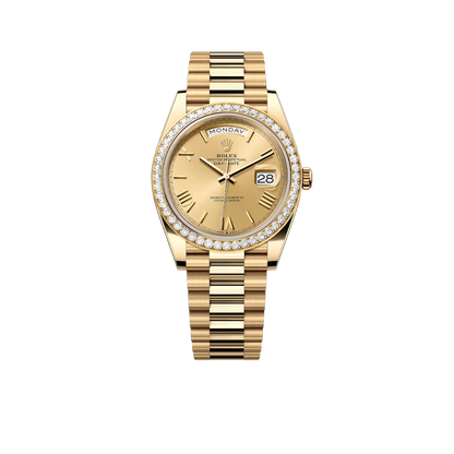 Day-Date 40 228348RBR Yellow Gold Diamond Bezel Champagne Roman Dial