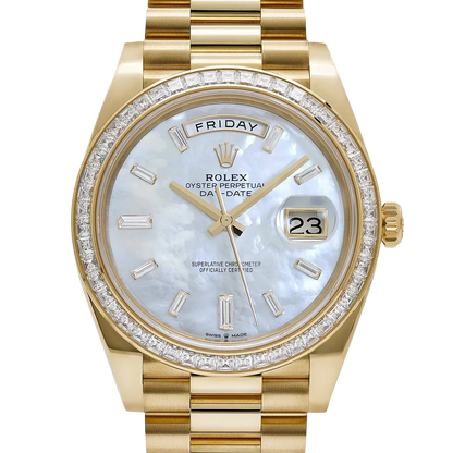Day-Date 40 228398TBR Yellow Gold Mother of Pearl Diamond Baguette Dial and Bezel