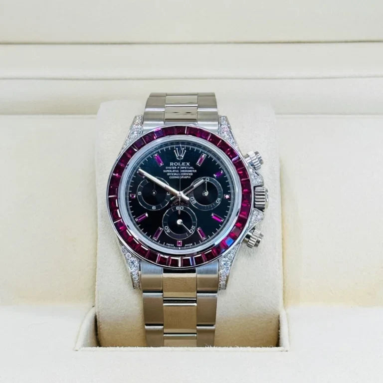 Daytona 126599TRU White Gold Diamond Black Dial Ruby Bezel